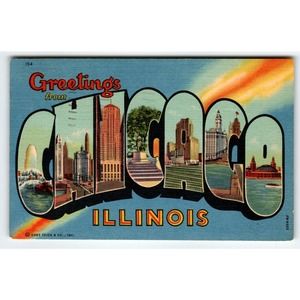 Greetings From Chicago Illinois Large Letter Linen Postcard Vintage Curt Teich